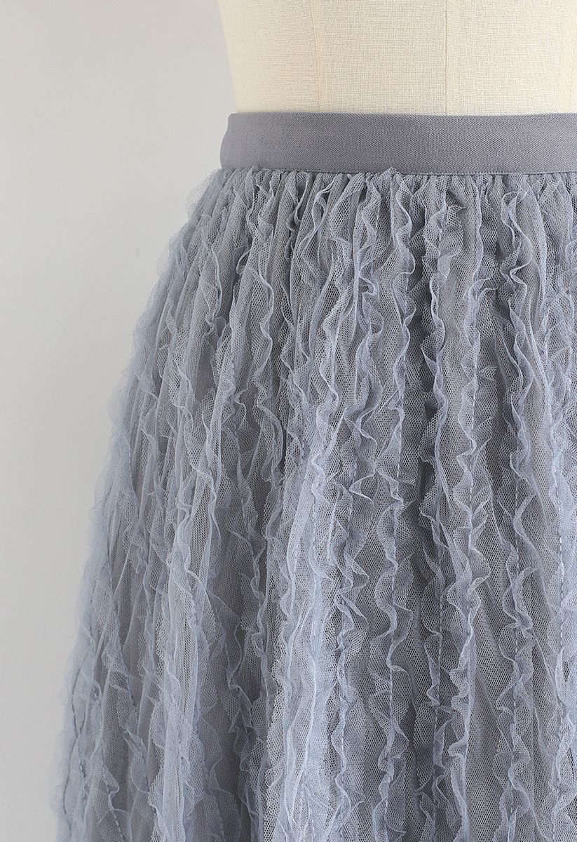 Ripple Ruffled Tulle Mesh Midi Skirt in Dusty Blue