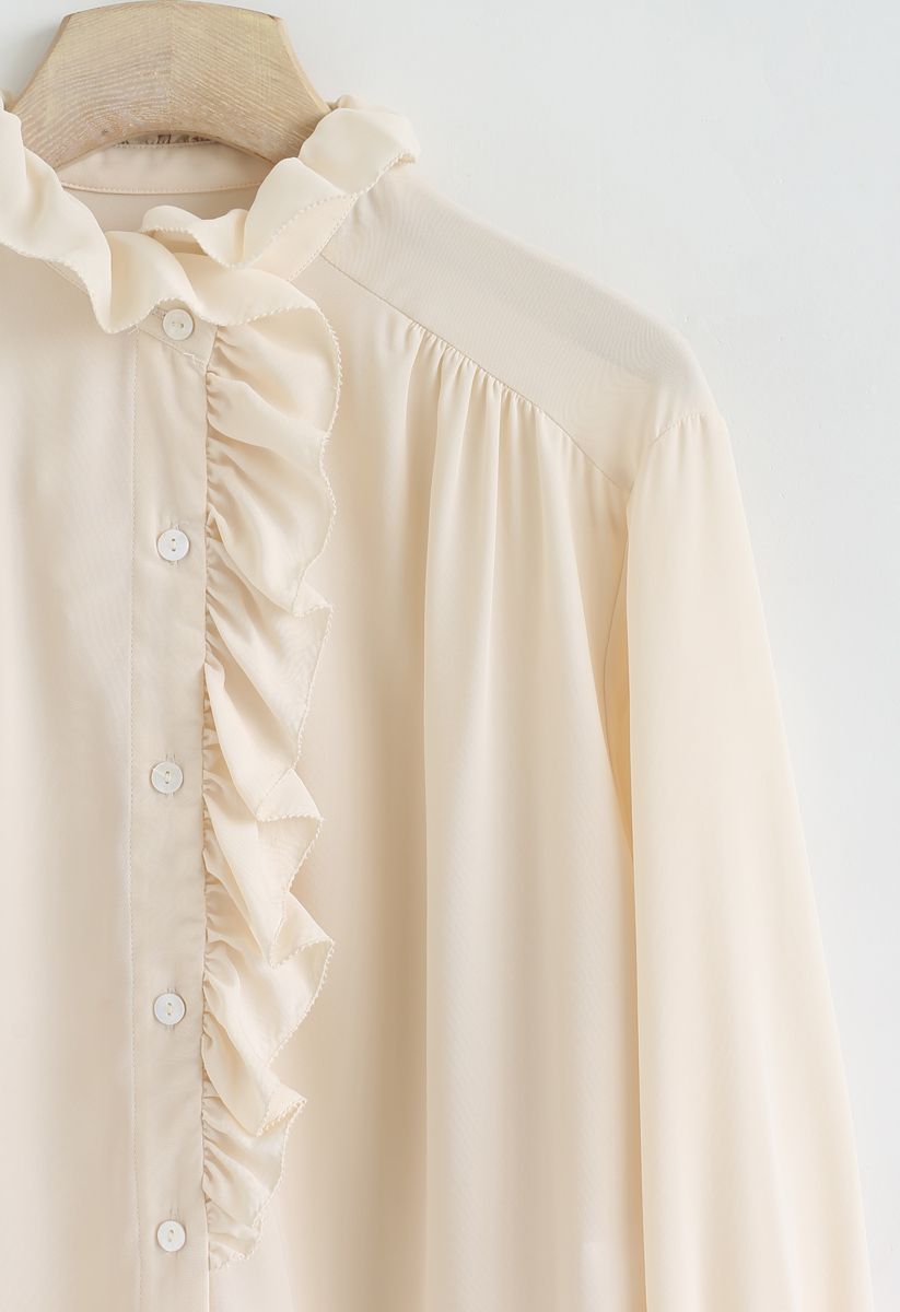 Button Front Ruffle Hi-Lo Shirt in Cream