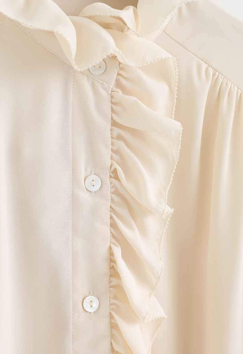 Button Front Ruffle Hi-Lo Shirt in Cream