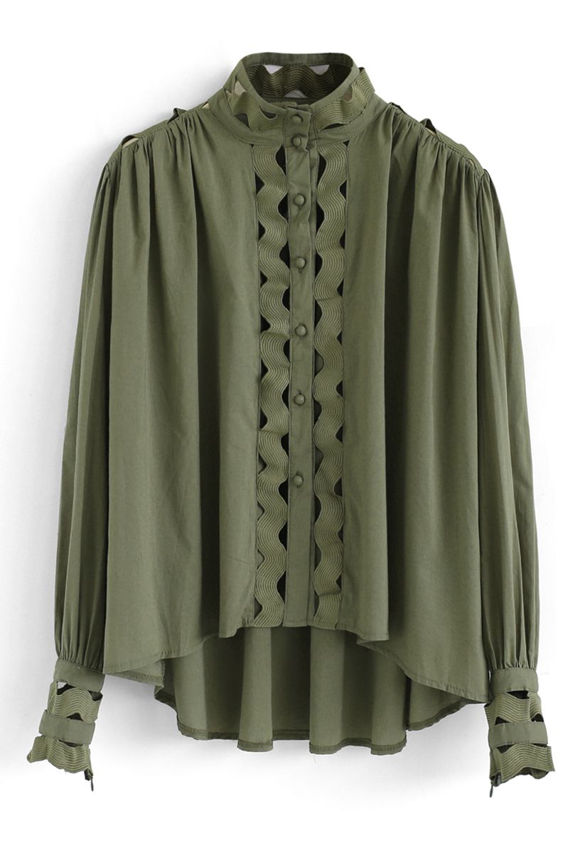 Button Front Wave Shaped Hi-Lo Shirt in Army Green
