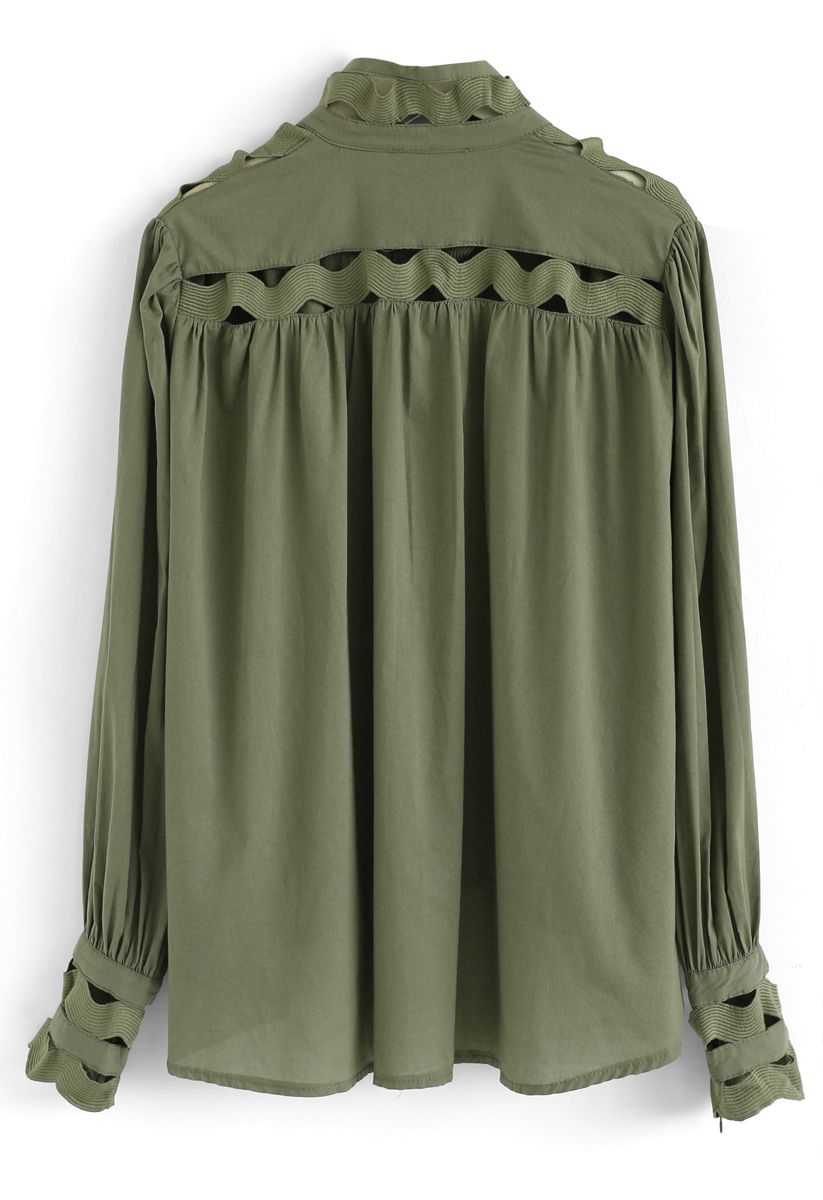 Button Front Wave Shaped Hi-Lo Shirt in Army Green