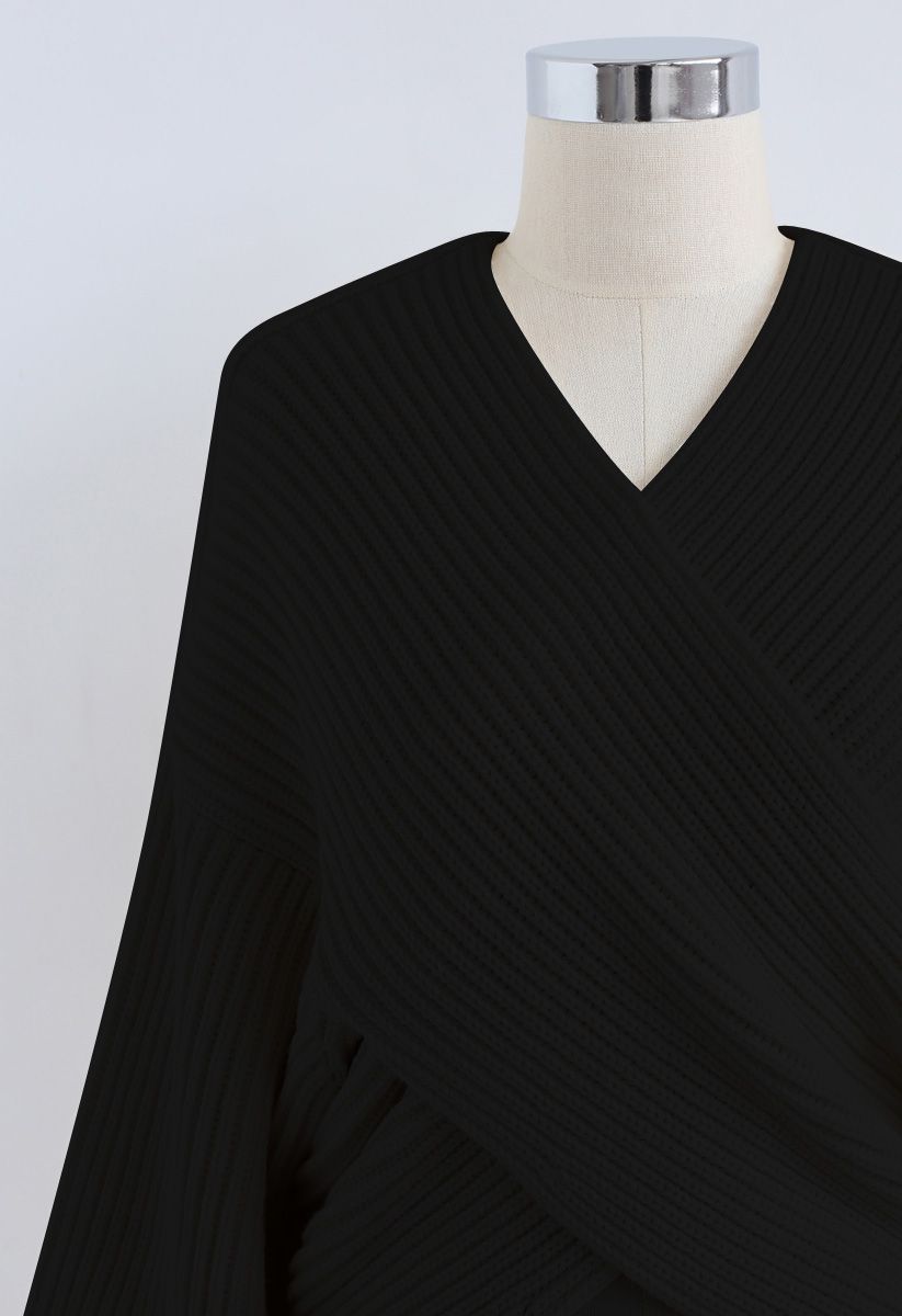 Crisscross Ribbed Knit Crop Sweater in Black