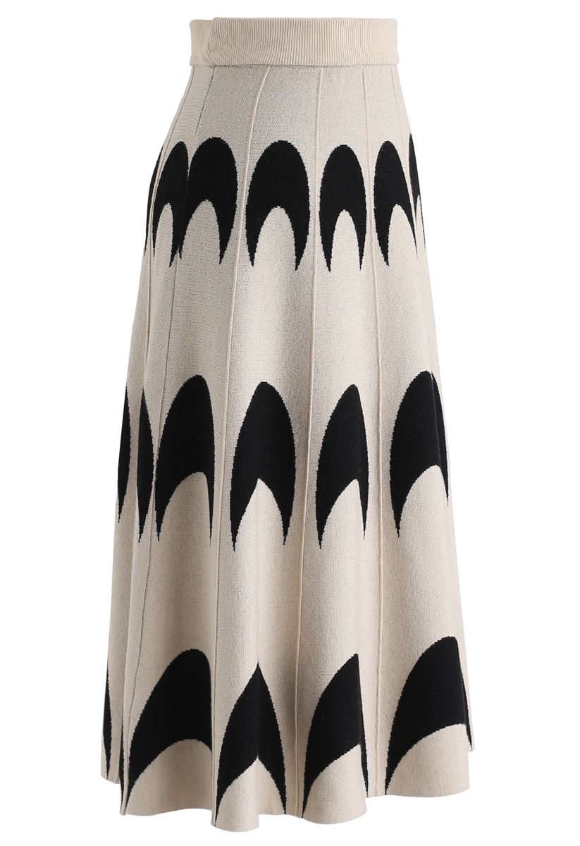 Moon Pattern Knit A-Line Midi Skirt in Ivory