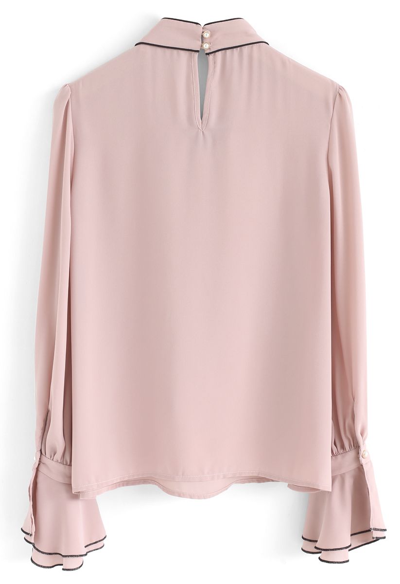 Bowknot Bell Sleeves Chiffon Top in Pink
