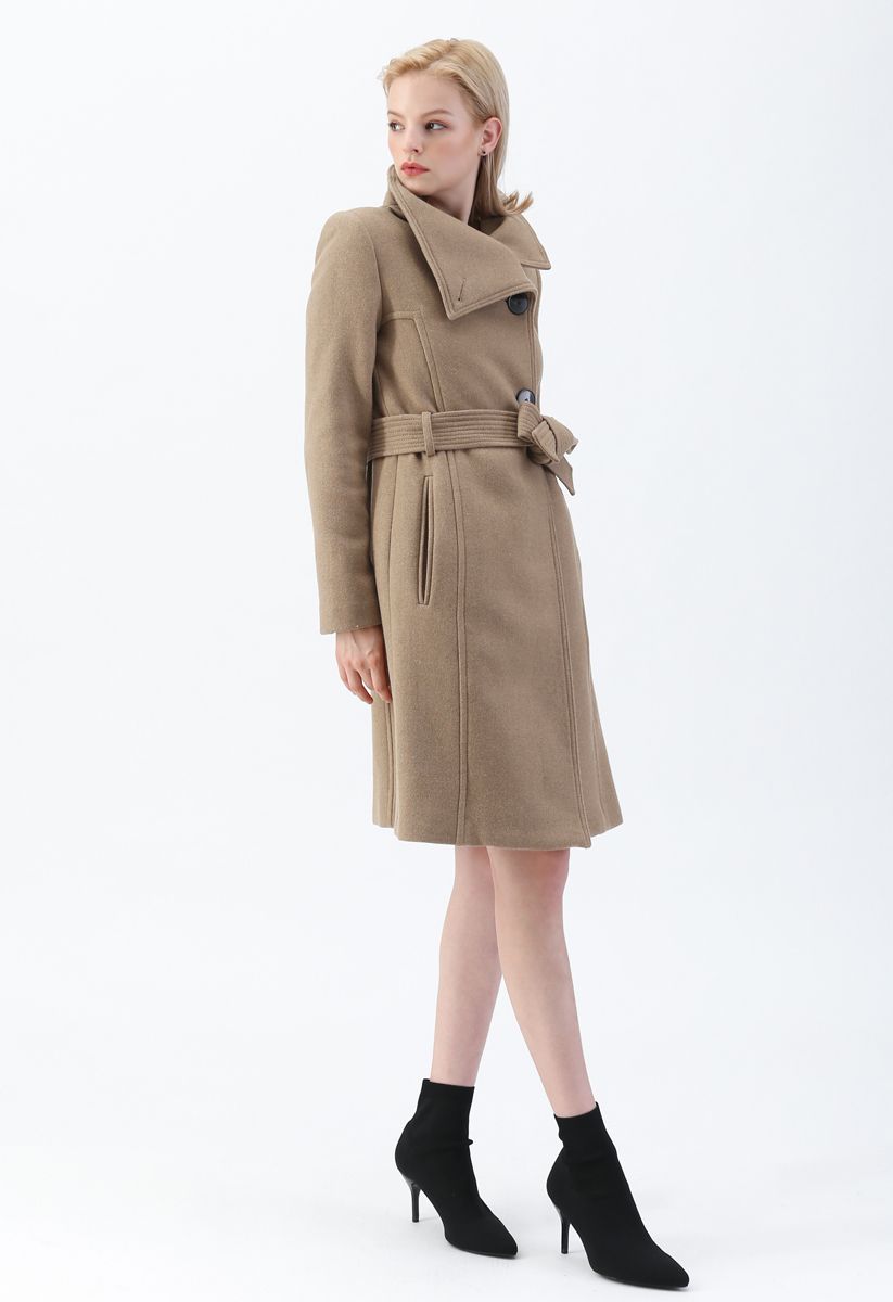 Button Neck Belted Wool-Blended Coat