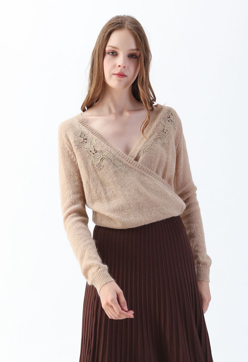 Floral Crochet Trim Wrap Knit Top in Tan