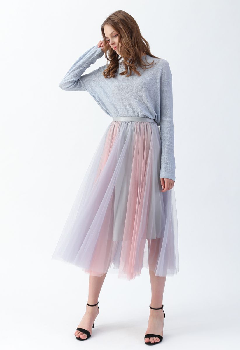 Macaron Color Blocked Mesh Tulle Skirt in Lavender