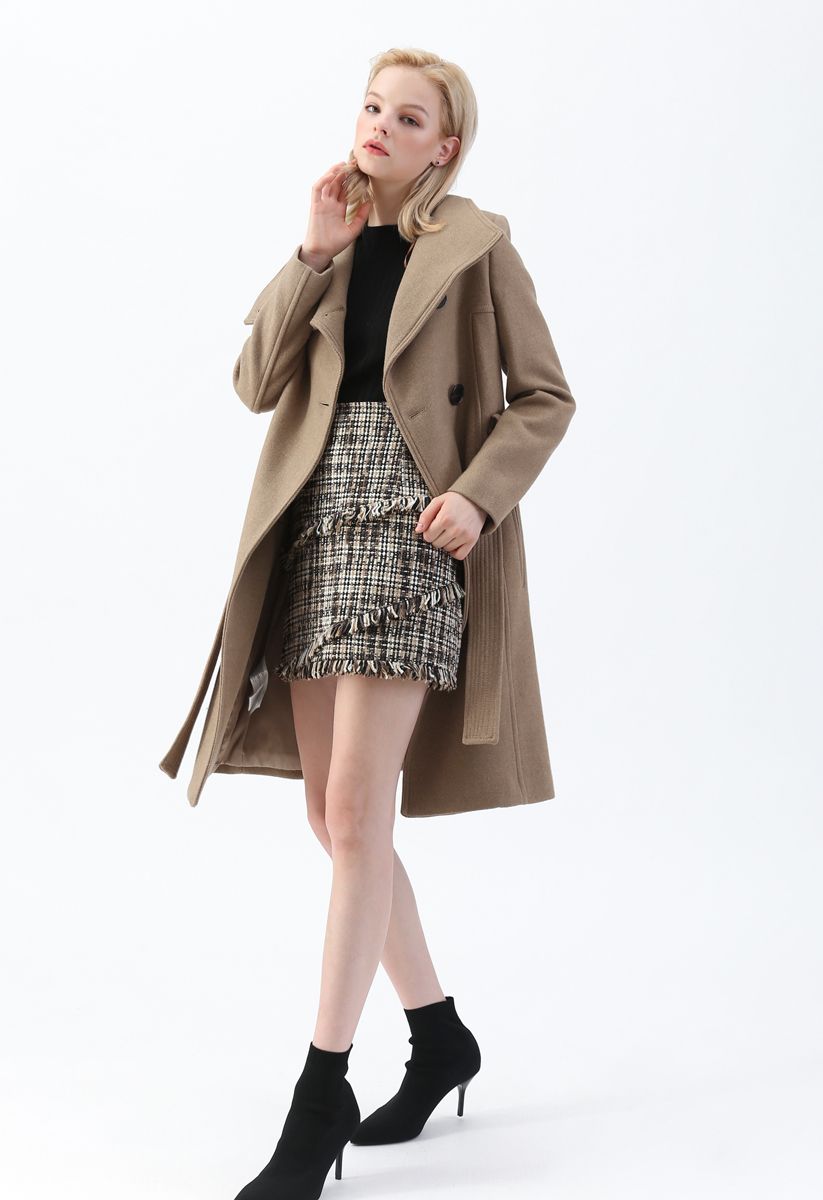 Button Neck Belted Wool-Blended Coat