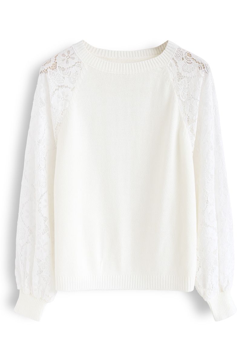 Floral Lace Sleeves Knit Sweater in White