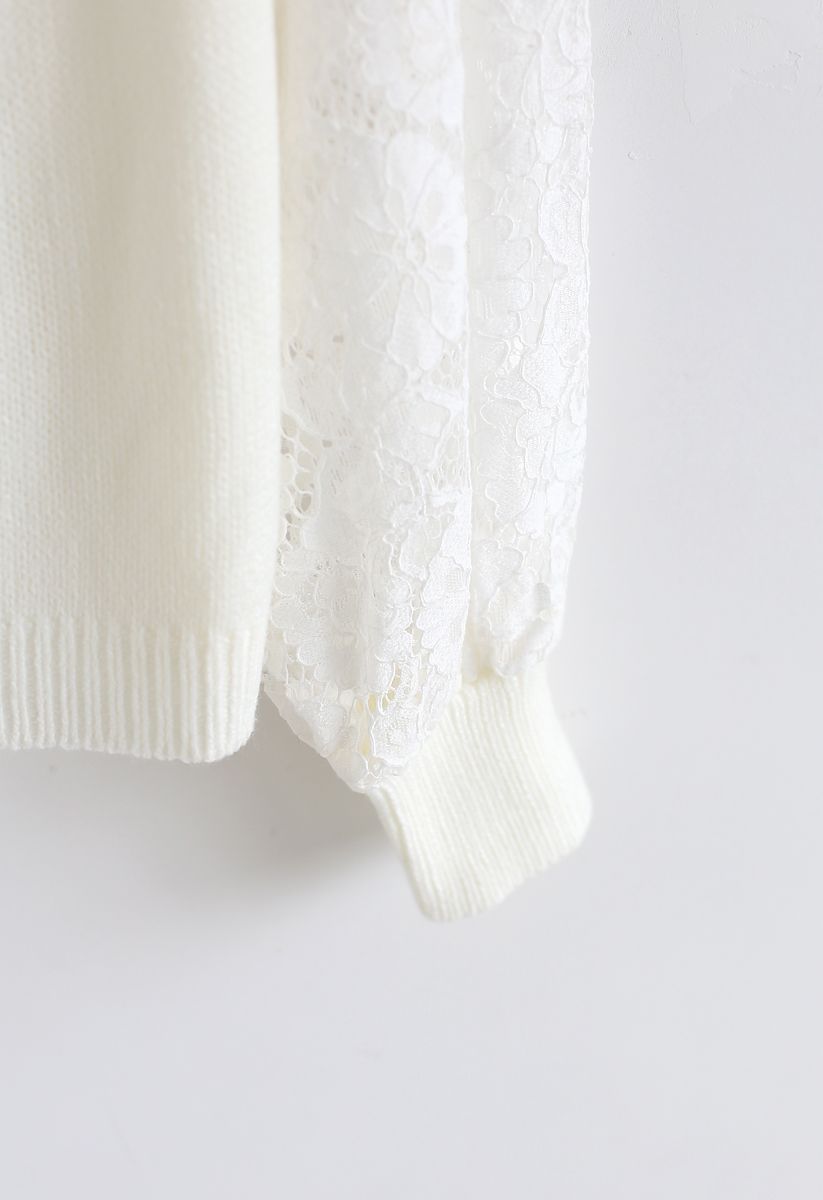 Floral Lace Sleeves Knit Sweater in White