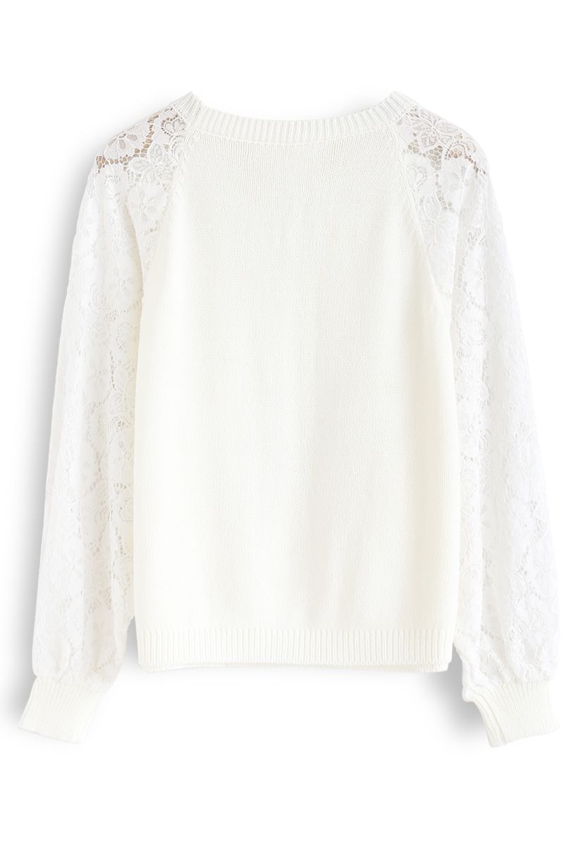 Floral Lace Sleeves Knit Sweater in White