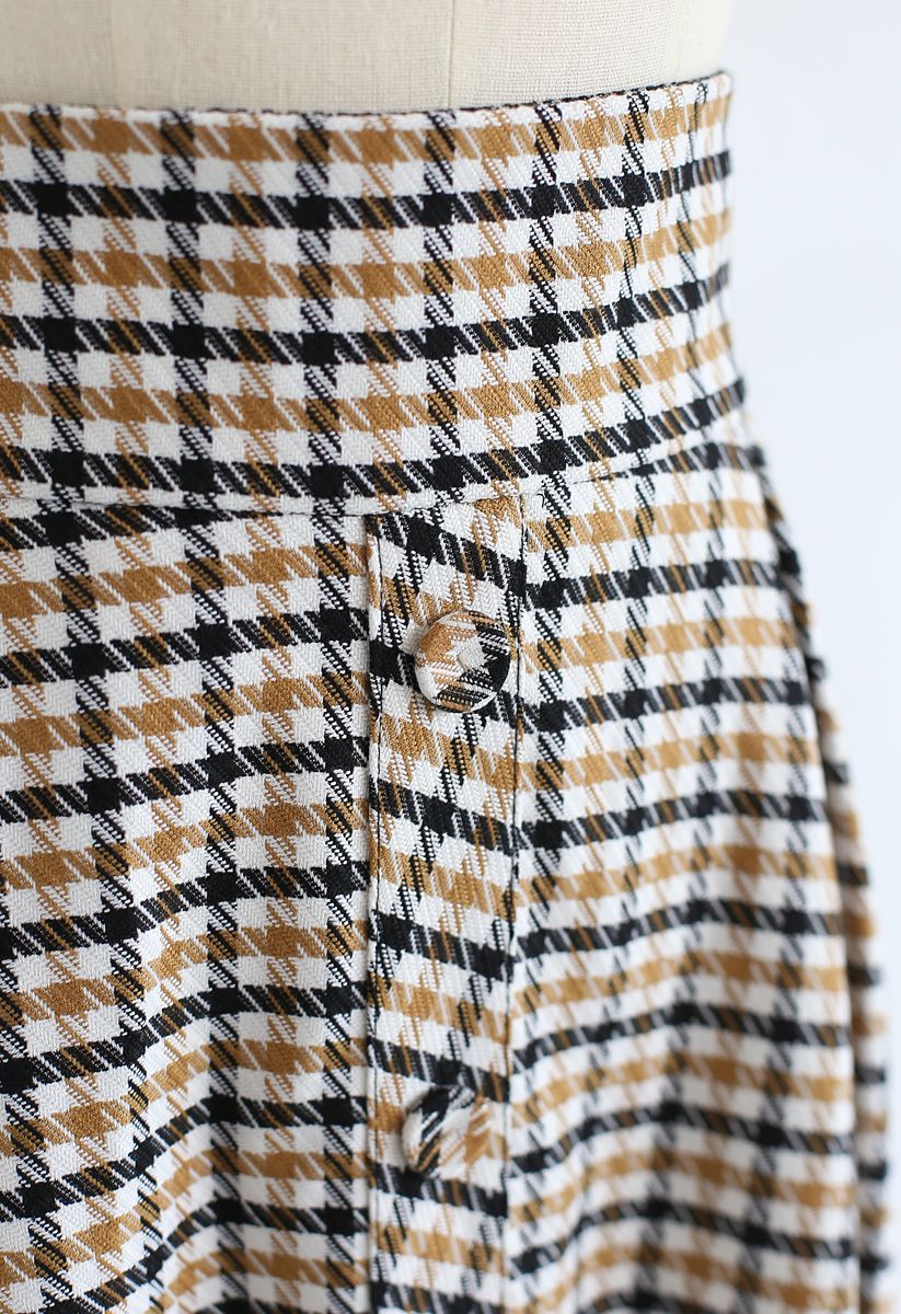 Button Front Plaid A-Line Midi Skirt