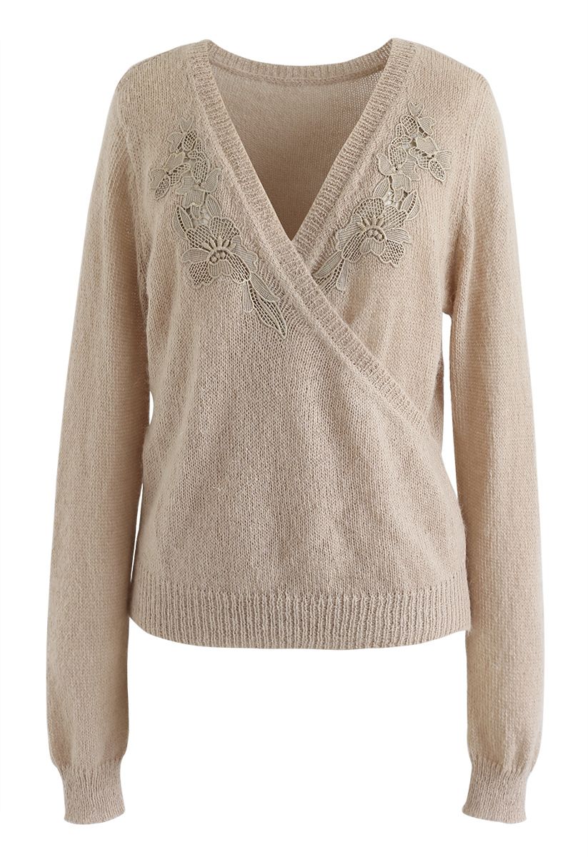 Floral Crochet Trim Wrap Knit Top in Tan