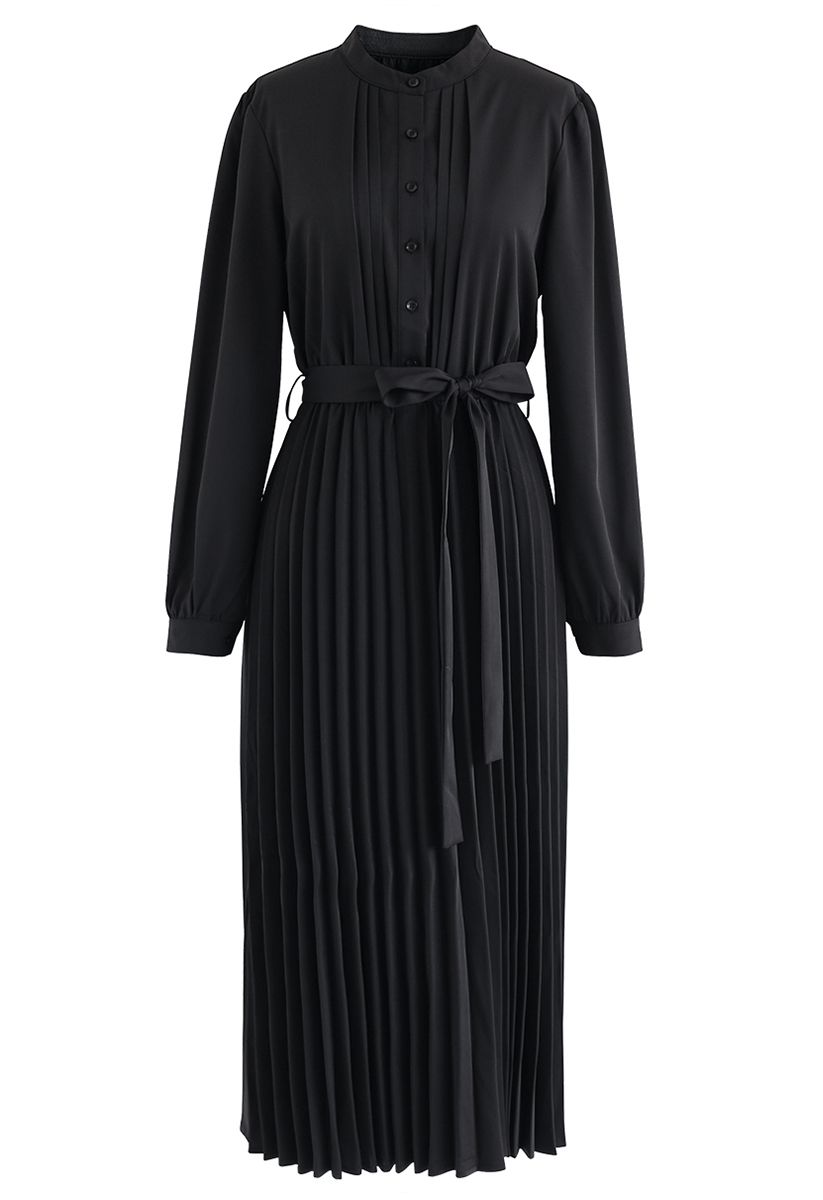 Self-Tied Bowknot Pleated Midi Dress in Black - Retro, Indie and Unique ...