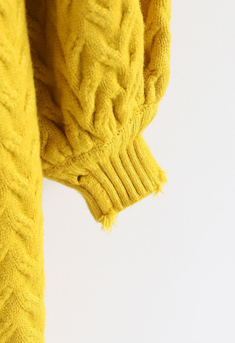 Puff Sleeves Cable Knit Cardigan in Mustard