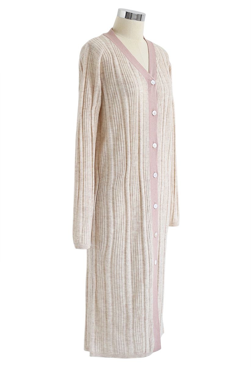 Button Front Longline Knit Cardigan in Nude Pink