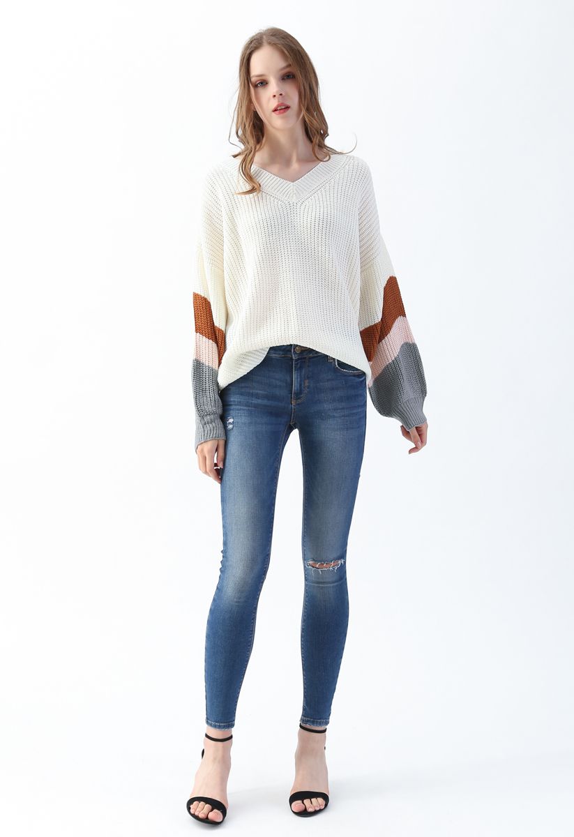 V-Neck Color Blocked Sleeves Knit Sweater in Ivory