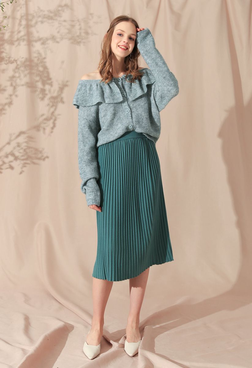 Graceful Bearing Pleated Knit Midi Skirt in Teal