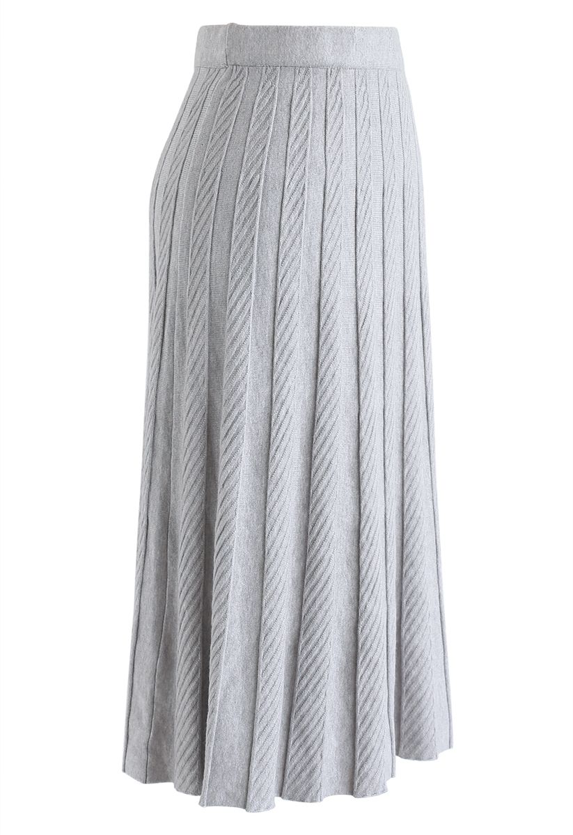 Parallel Pleated Knit Midi Skirt in Grey