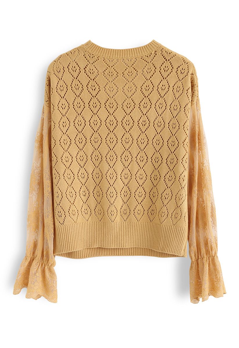 Delicacy Embroidery Sleeves Hollow Out Knit Sweater in Mustard