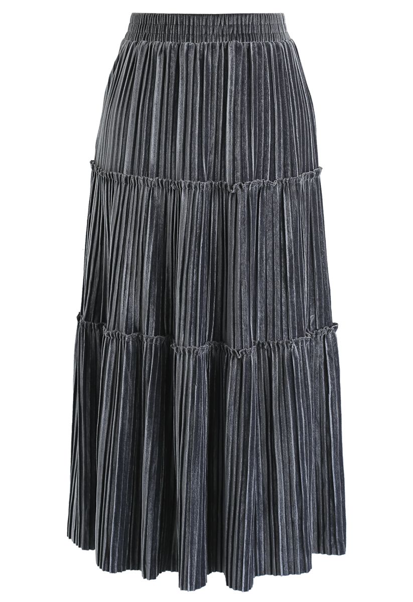 Full Pleated A-Line Velvet Skirt in Grey