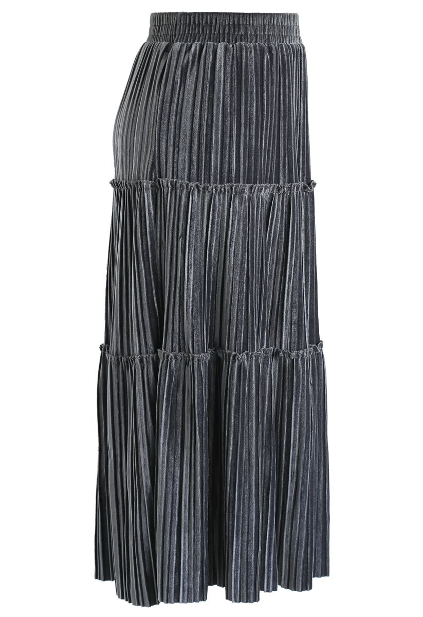 Full Pleated A-Line Velvet Skirt in Grey