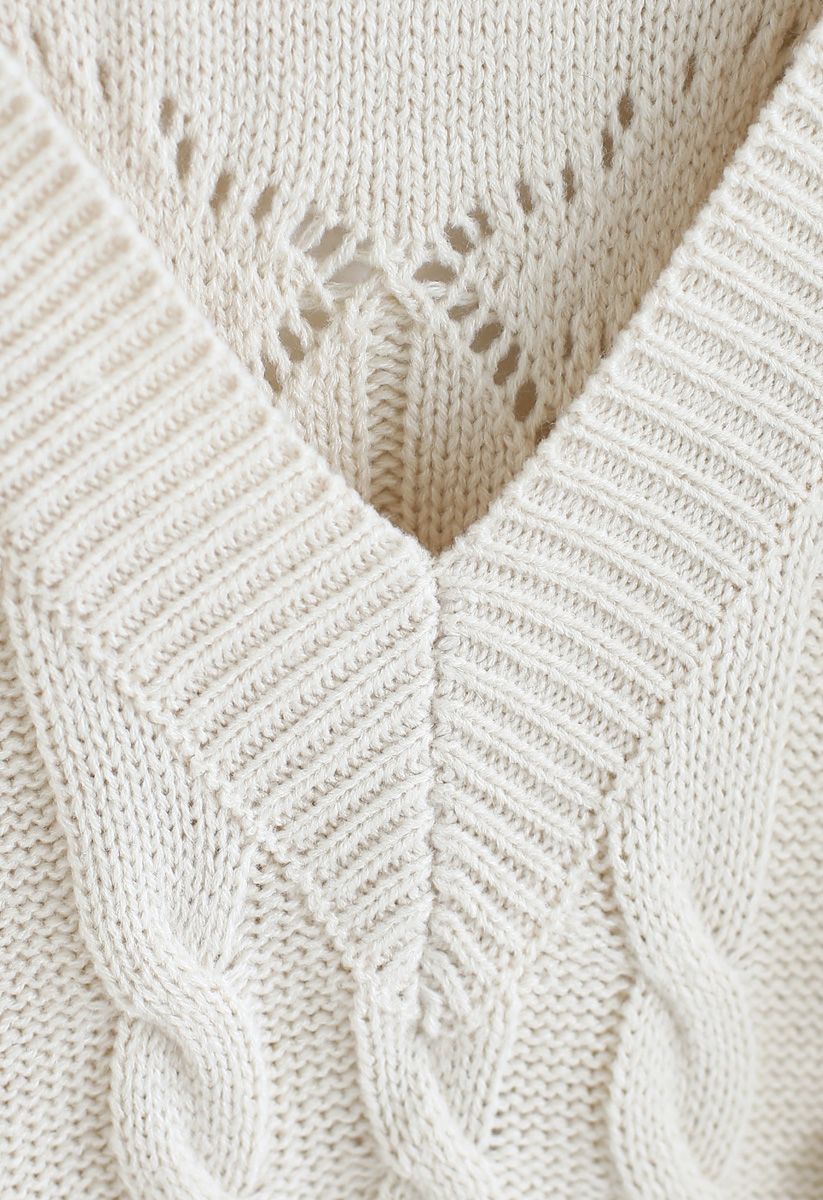 V-Neck Pom-Pom Cable Knit Sweater in Ivory