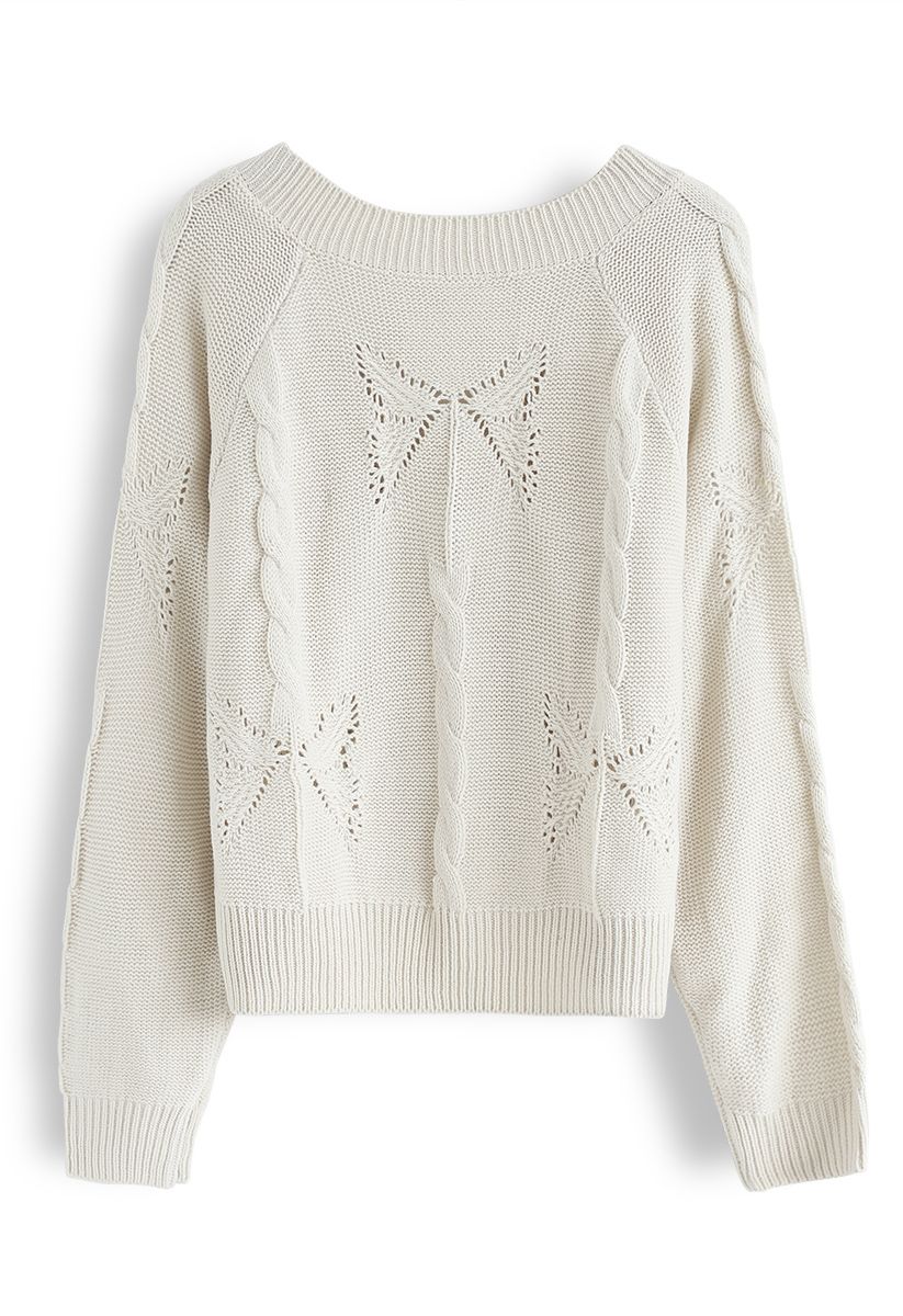 V-Neck Pom-Pom Cable Knit Sweater in Ivory