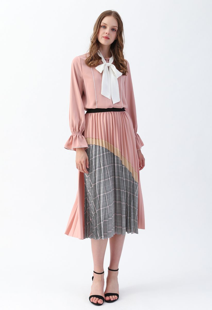 Plaid Splicing Pleated Midi Skirt in Pink