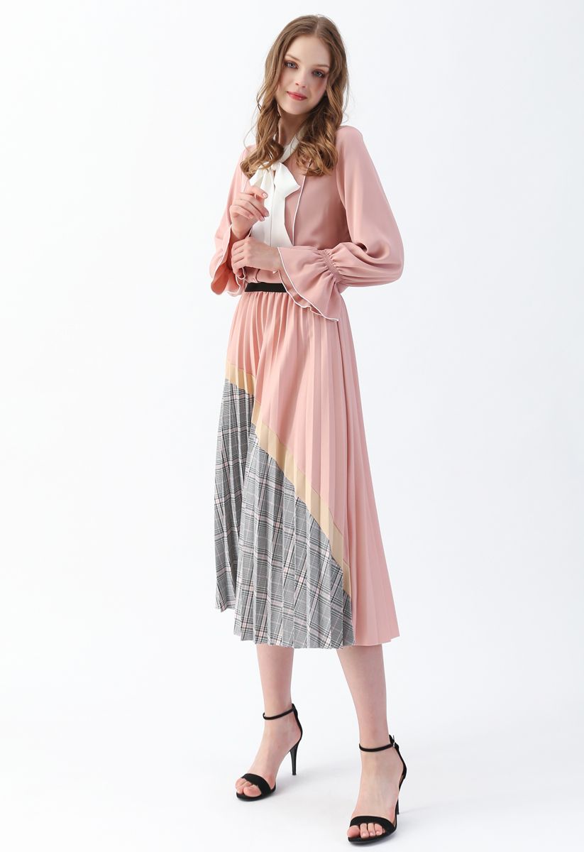 Plaid Splicing Pleated Midi Skirt in Pink