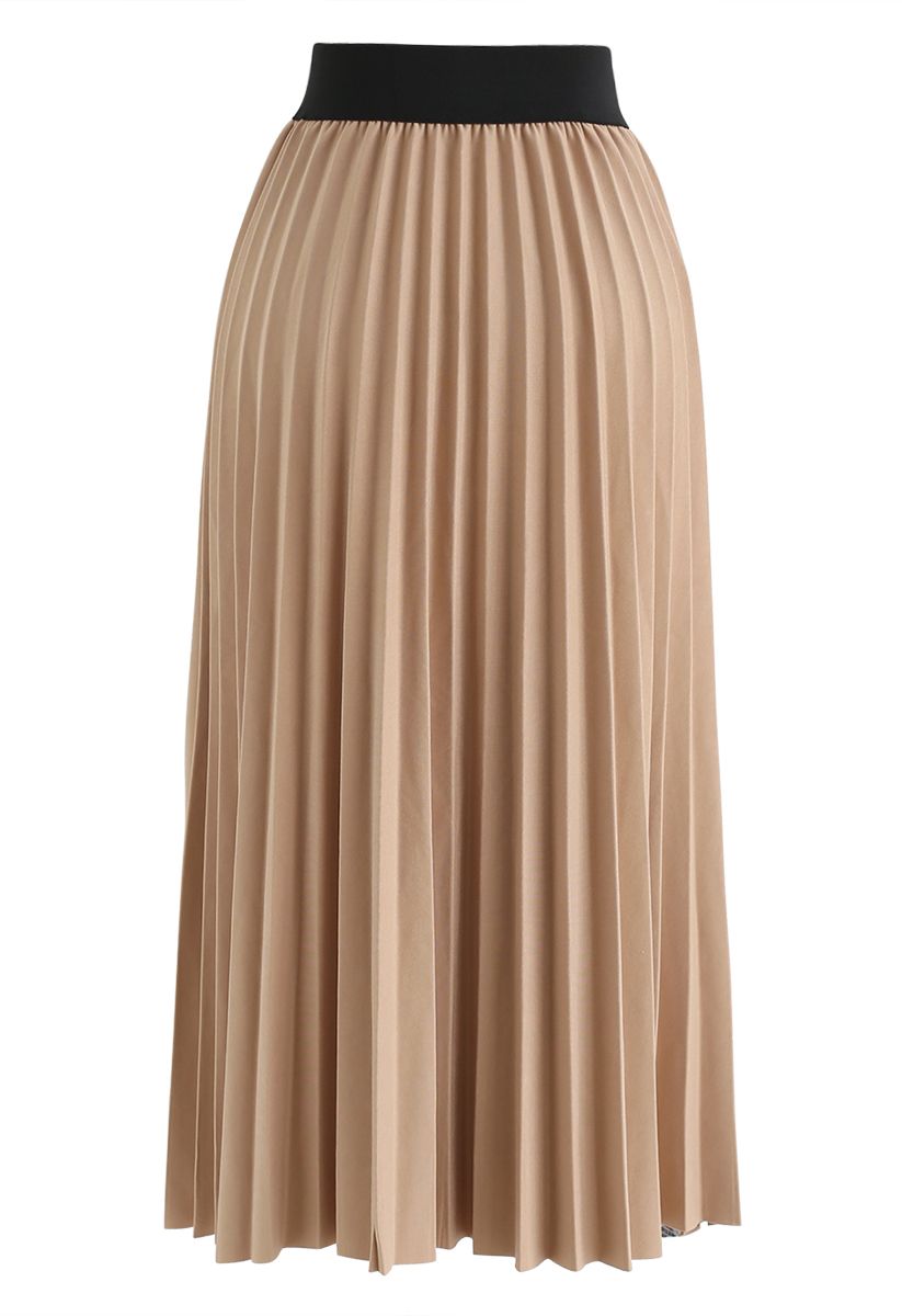 Plaid Splicing Pleated Midi Skirt in Tan - Retro, Indie and Unique Fashion