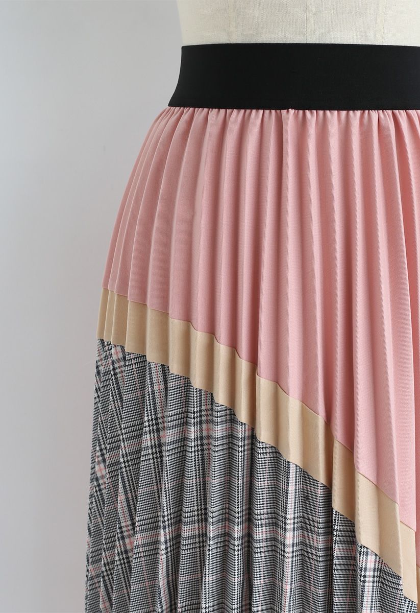 Plaid Splicing Pleated Midi Skirt in Pink