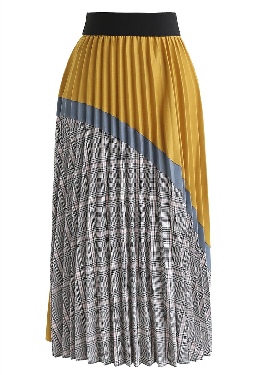 Plaid Splicing Pleated Midi Skirt in Mustard