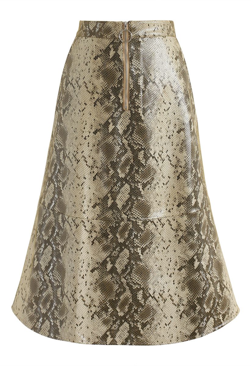 Snake Printed Faux Leather Midi Skirt in Mustard