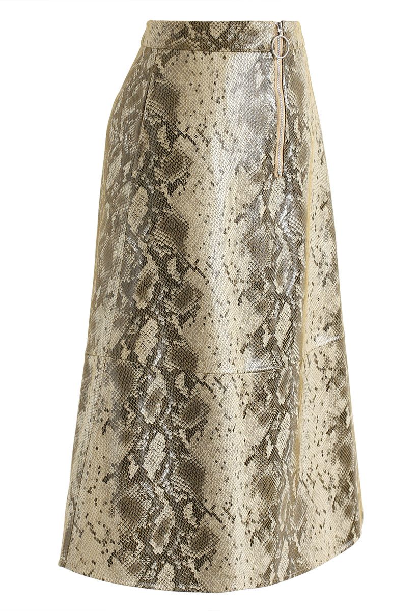 Snake Printed Faux Leather Midi Skirt in Mustard