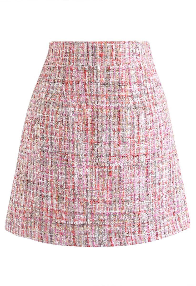 Sequins Tweed Bud Mini Skirt in Pink