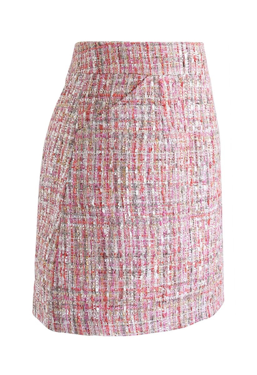 Sequins Tweed Bud Mini Skirt in Pink