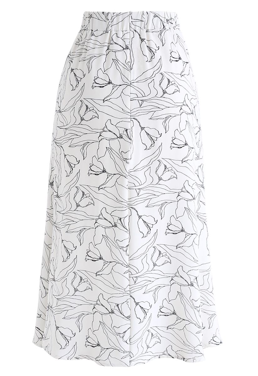 Abstract Floral Printed Midi Skirt in White 