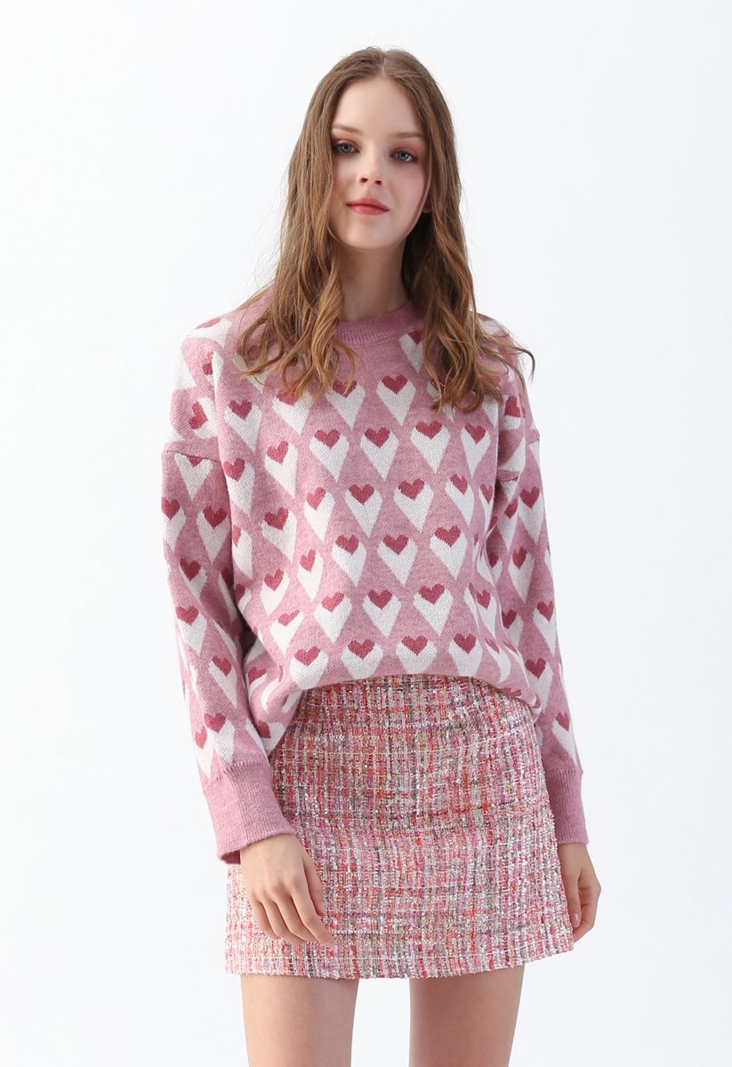 Heart Print Round Neck Sweater in Pink