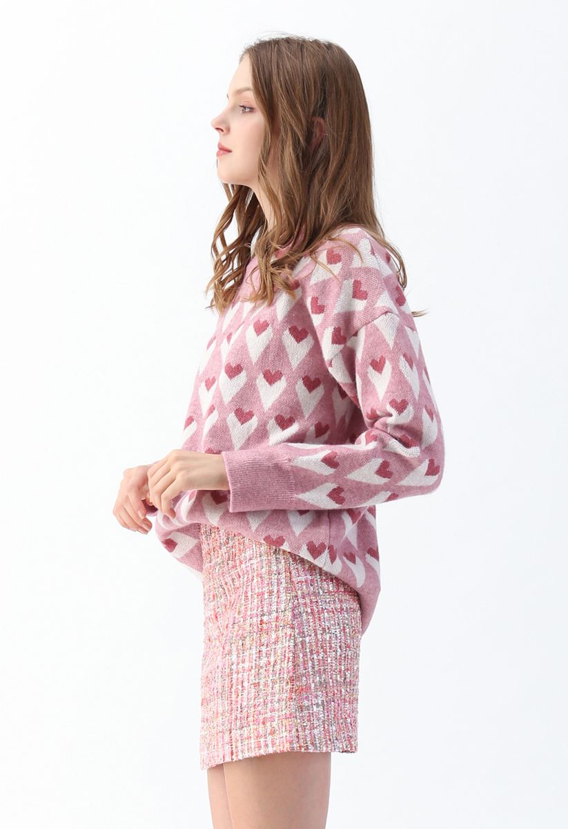 Heart Print Round Neck Sweater in Pink