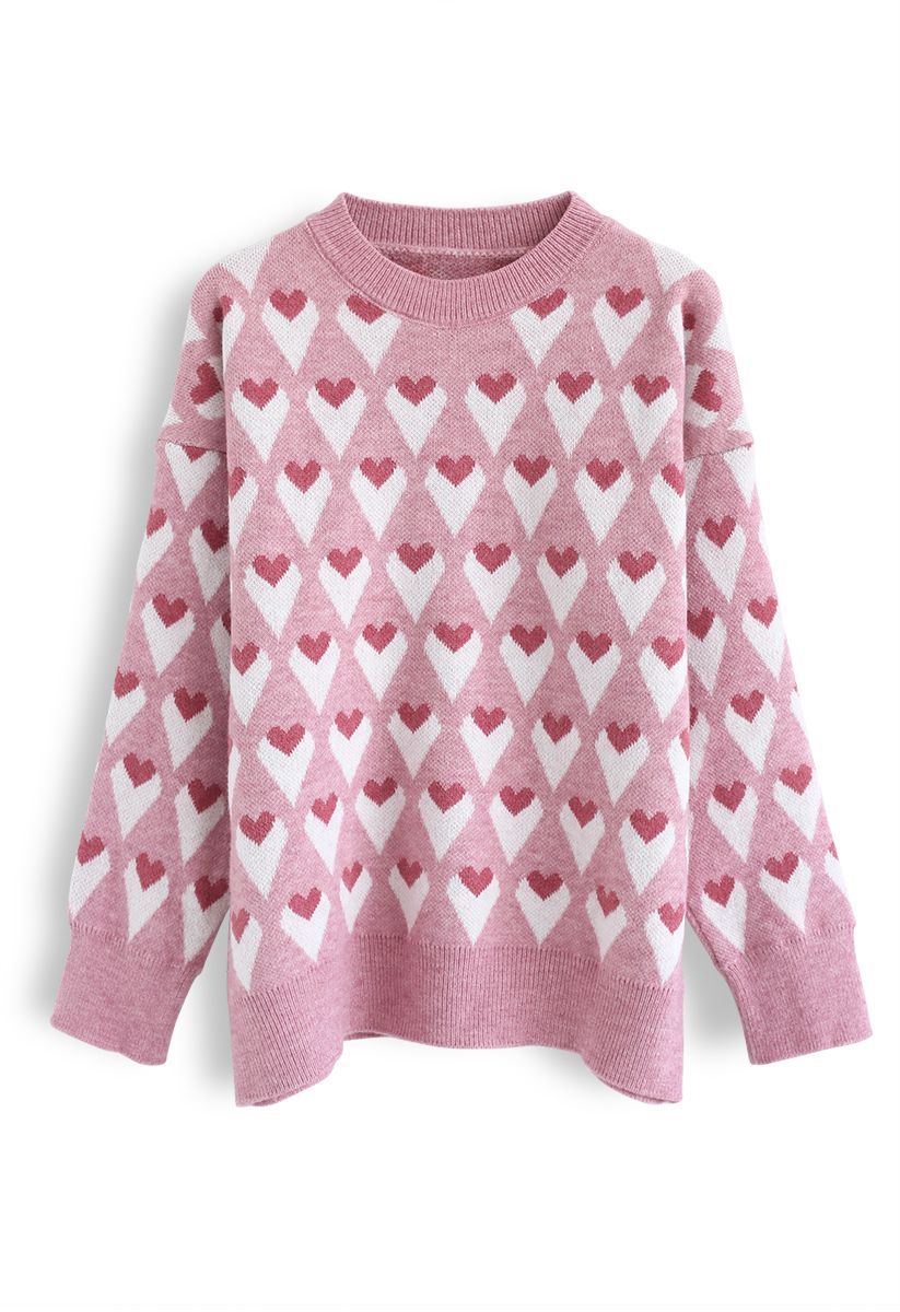 Heart Print Round Neck Sweater in Pink