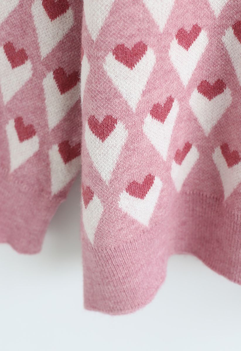 Heart Print Round Neck Sweater in Pink