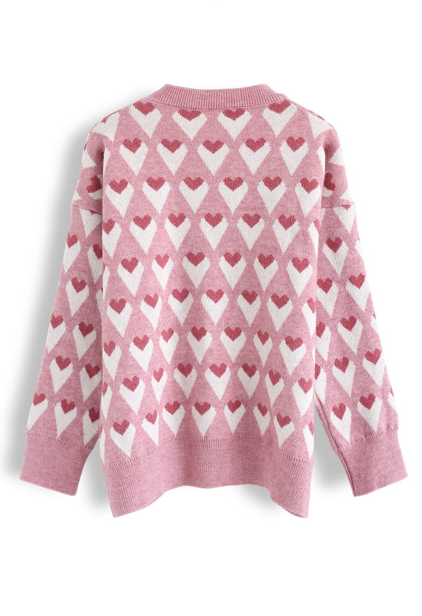 Heart Print Round Neck Sweater in Pink