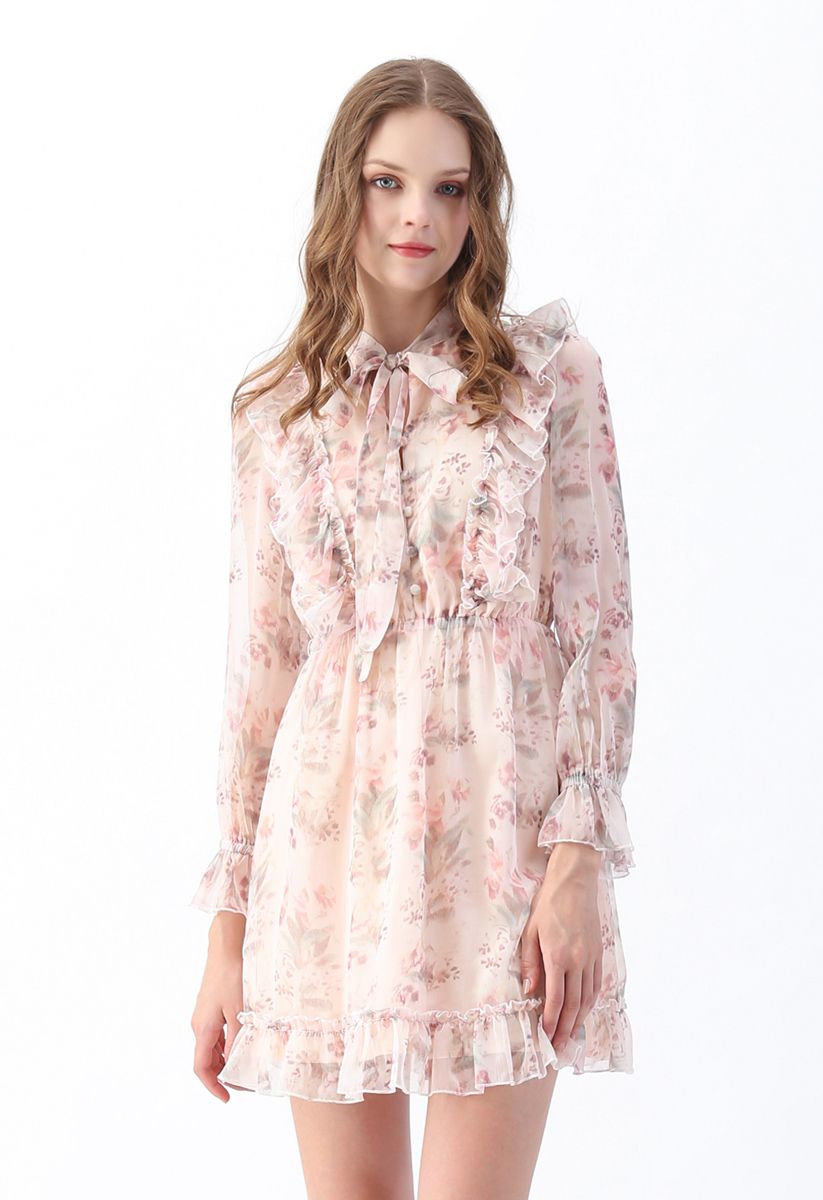 Floral Watercolor Bowknot Ruffle Dress - Retro, Indie and Unique Fashion