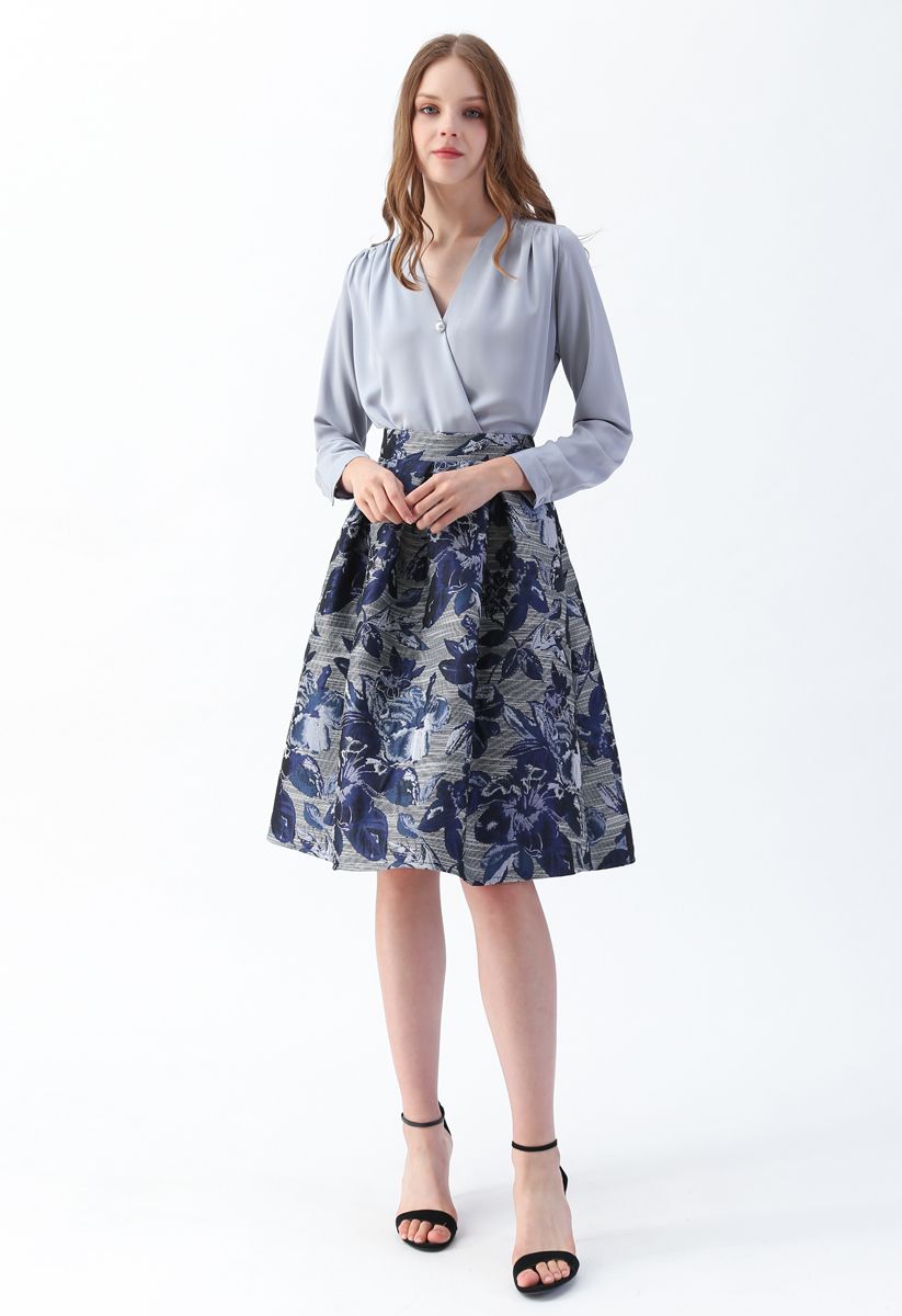 Floral Jacquard A-Line Midi Skirt