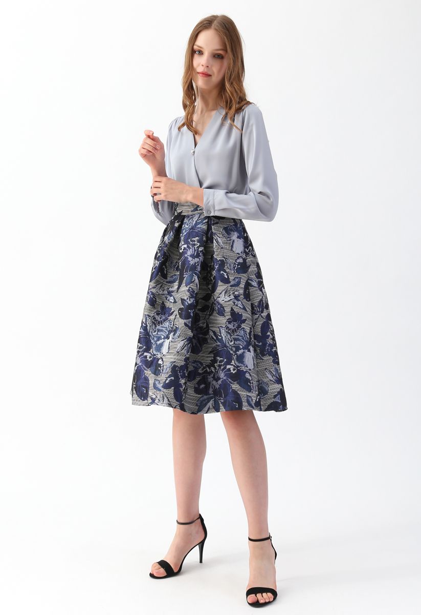 Floral Jacquard A-Line Midi Skirt - Retro, Indie and Unique Fashion