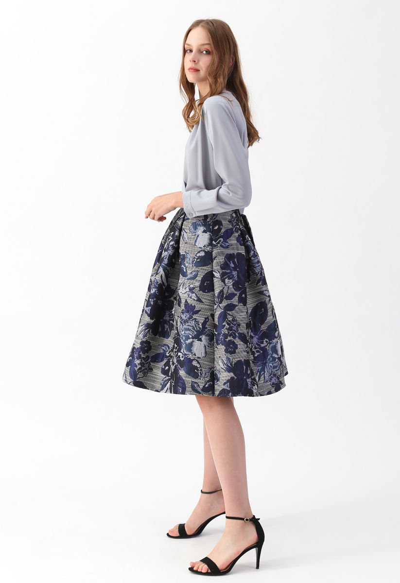 Floral Jacquard A-Line Midi Skirt