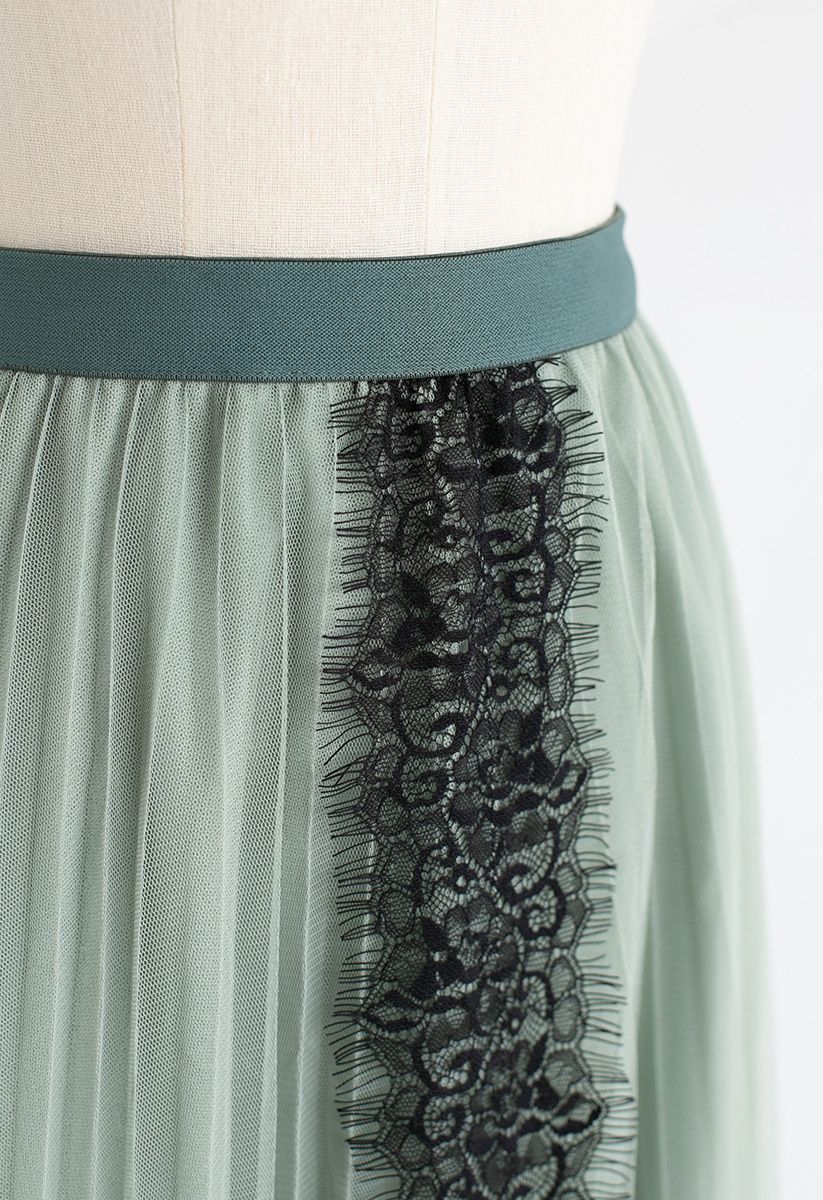 Lace Trim Mesh Tulle Midi Skirt in Mint