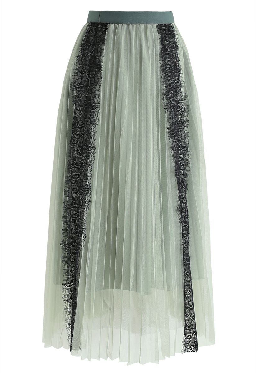 Lace Trim Mesh Tulle Midi Skirt in Mint