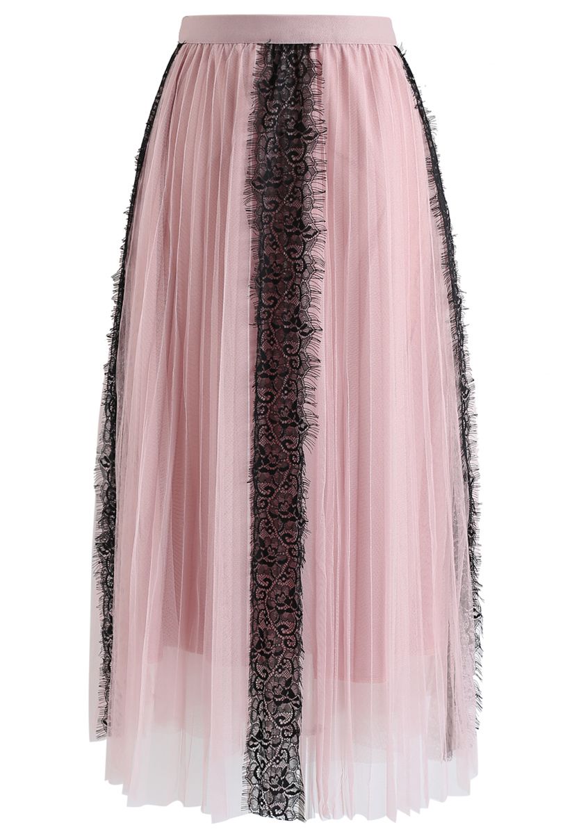 Lace Trim Mesh Tulle Midi Skirt in Pink
